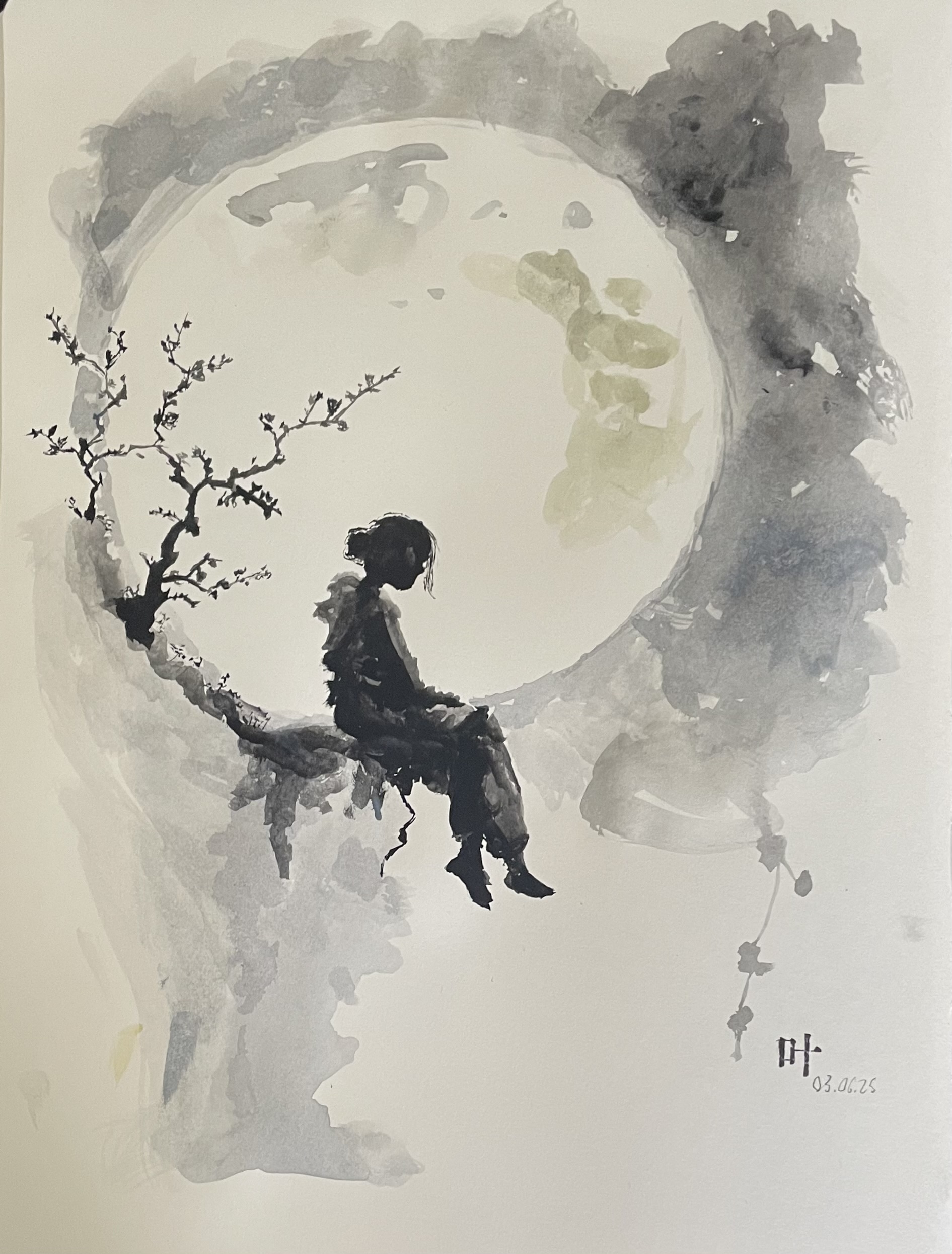 girl sitting infront of moon